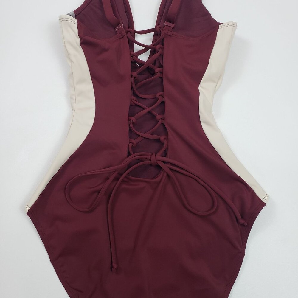 TA3 Plungey Contour One Piece Swimsuit Dark Cherry/Oat Medium X-Long Shaping NWT - Picture 8 of 13